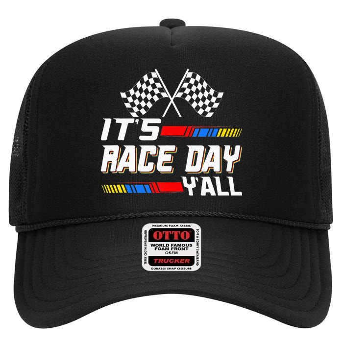 Funny Its Race Day Yall Checkered Flag Racing Track High Crown Mesh Back Trucker Hat