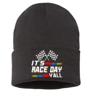 Funny Its Race Day Yall Checkered Flag Racing Track Sustainable Knit Beanie