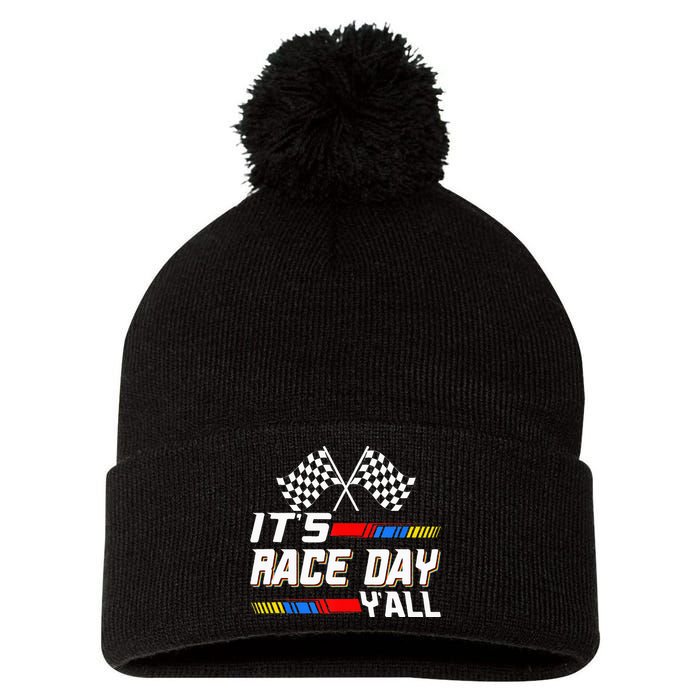 Funny Its Race Day Yall Checkered Flag Racing Track Pom Pom 12in Knit Beanie