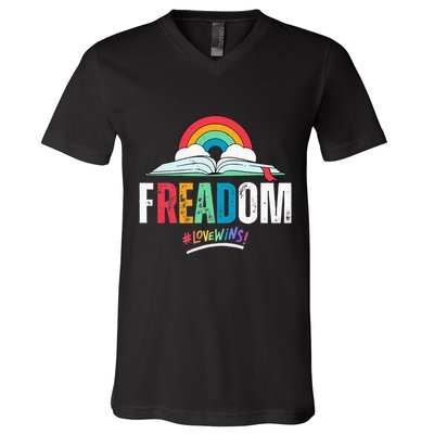 FREADom I Read Banned Books LGBTQ Reader Pride Librarian V-Neck T-Shirt