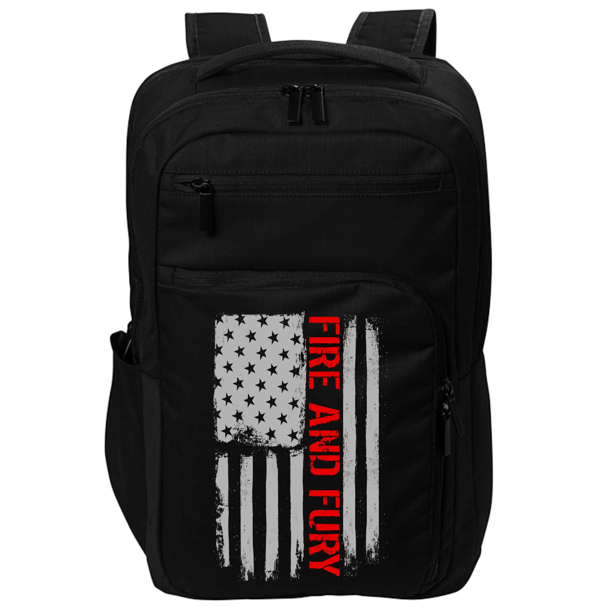 Fire and Fury Trump Military Power USA Flag Impact Tech Backpack