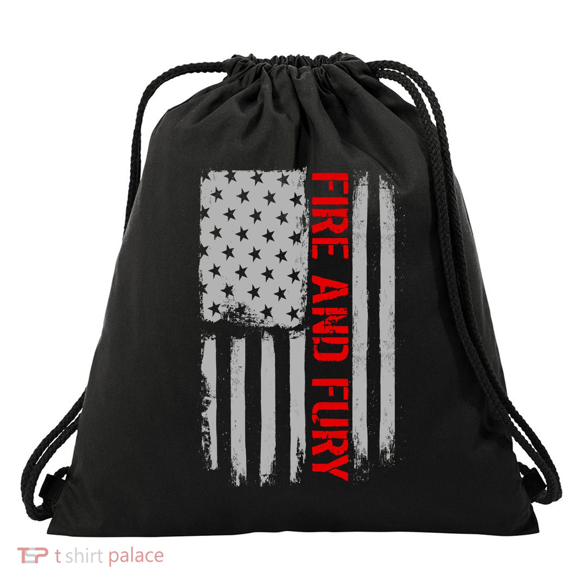 Fire and Fury Trump Military Power USA Flag Drawstring Bag