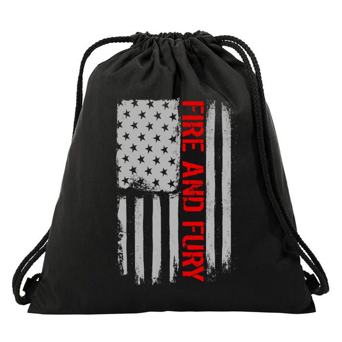 Fire and Fury Trump Military Power USA Flag Drawstring Bag