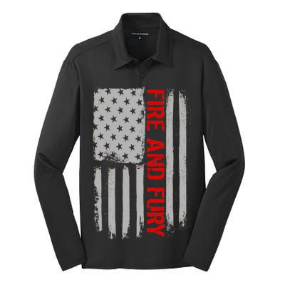 Fire and Fury Trump Military Power USA Flag Silk Touch Performance Long Sleeve Polo