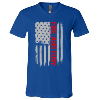 Fire and Fury Trump Military Power USA Flag V-Neck T-Shirt