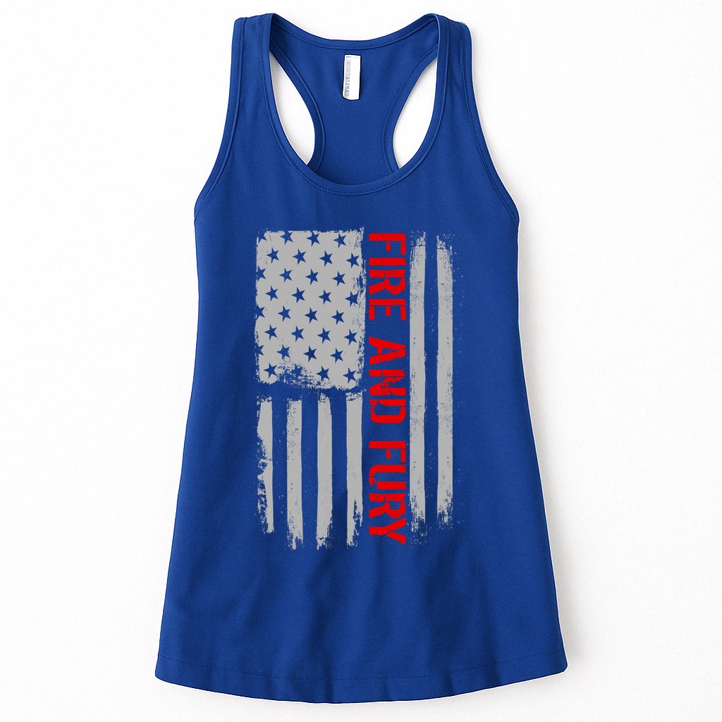 Fire and Fury Trump Military Power USA Flag Womens Tank Top