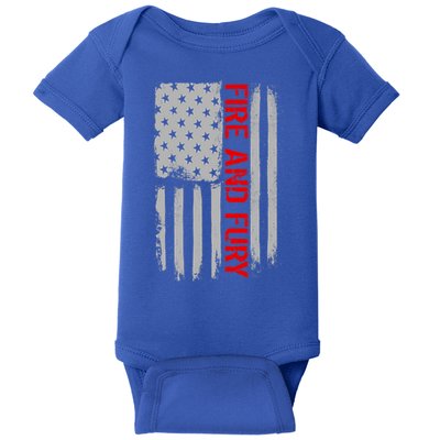 Fire and Fury Trump Military Power USA Flag Baby Bodysuit