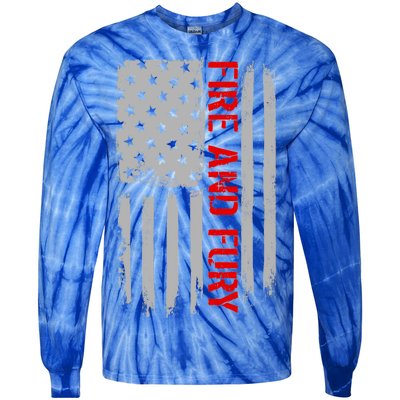 Fire and Fury Trump Military Power USA Flag Tie-Dye Long Sleeve Shirt