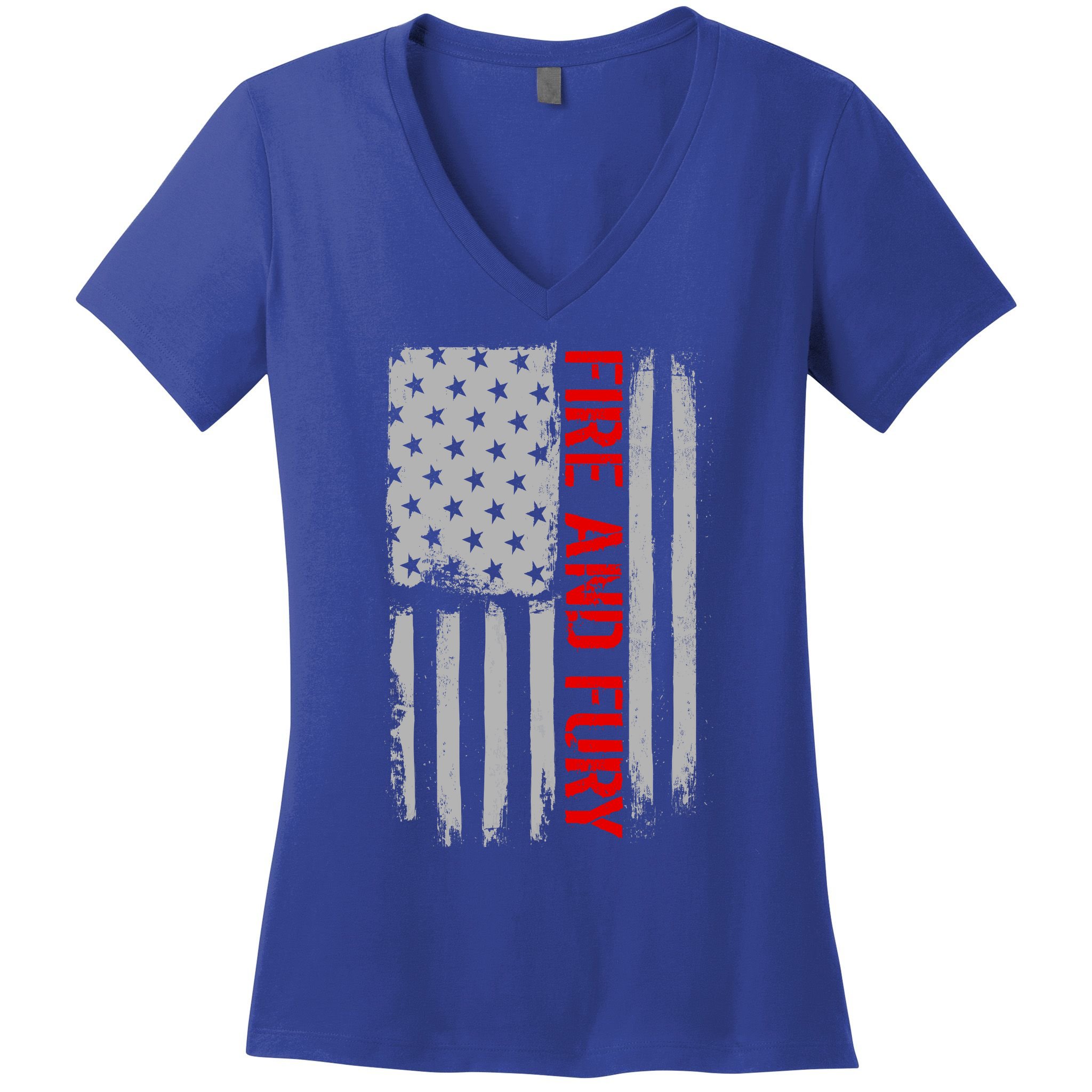 Fire and Fury Trump Military Power USA Flag Women's V-Neck T-Shirt