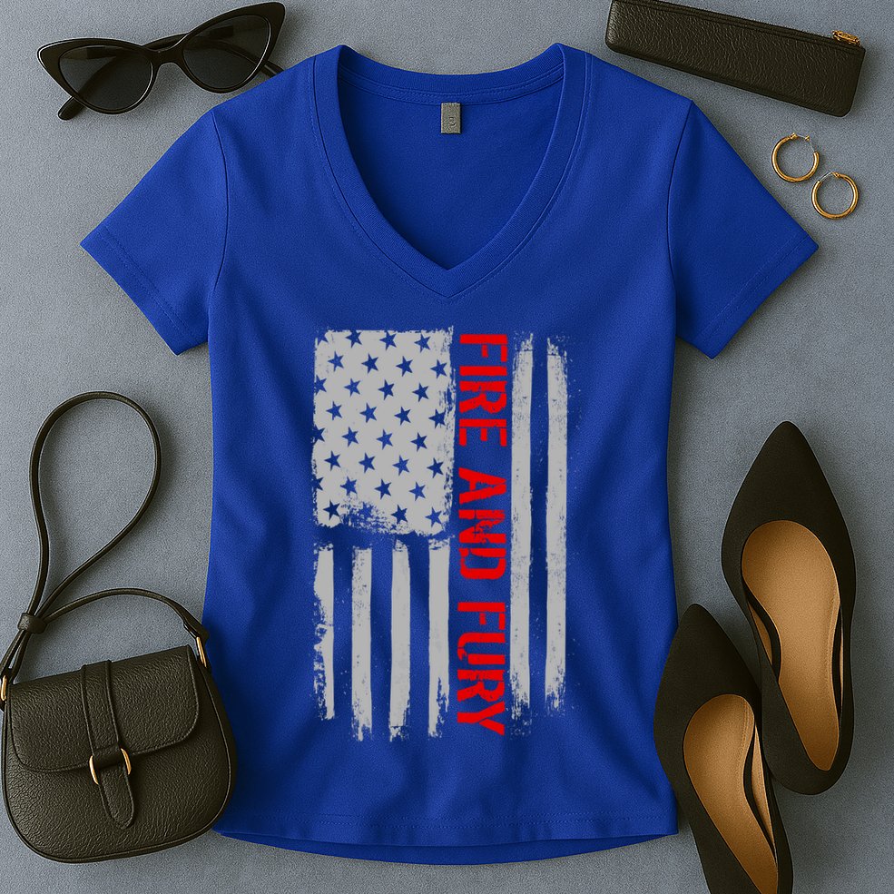 Fire and Fury Trump Military Power USA Flag Women's V-Neck T-Shirt