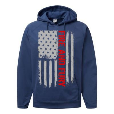 Fire and Fury Trump Military Power USA Flag Performance Fleece Hoodie