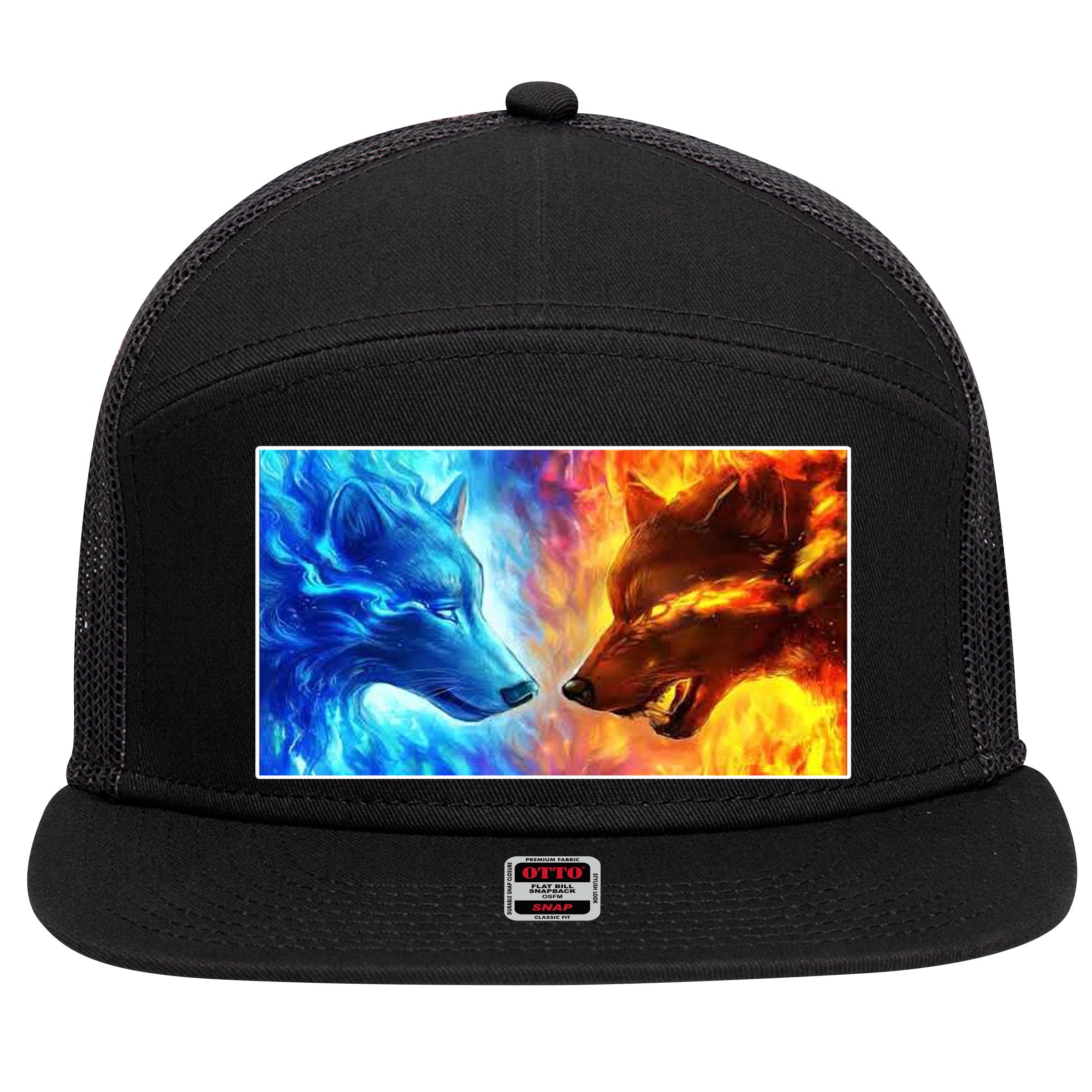 Fire And Ice Wolf Cool Graphic 7 Panel Mesh Trucker Snapback Hat