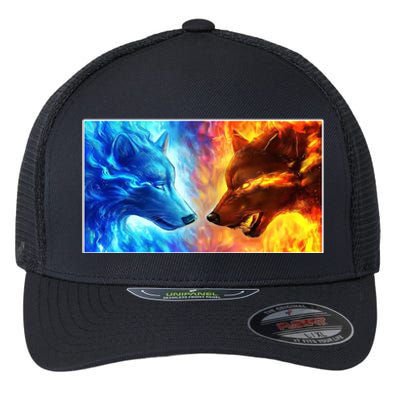 Fire And Ice Wolf Cool Graphic Flexfit Unipanel Trucker Cap