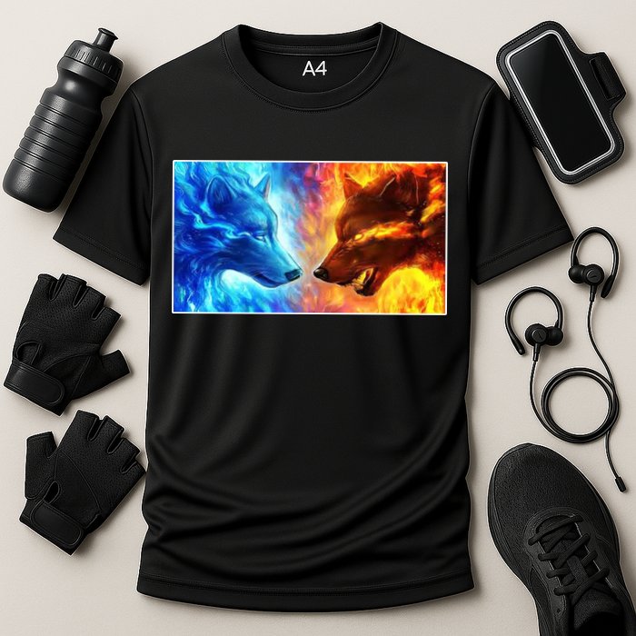 Fire And Ice Wolf Cool Graphic Cooling Performance Crew T-Shirt