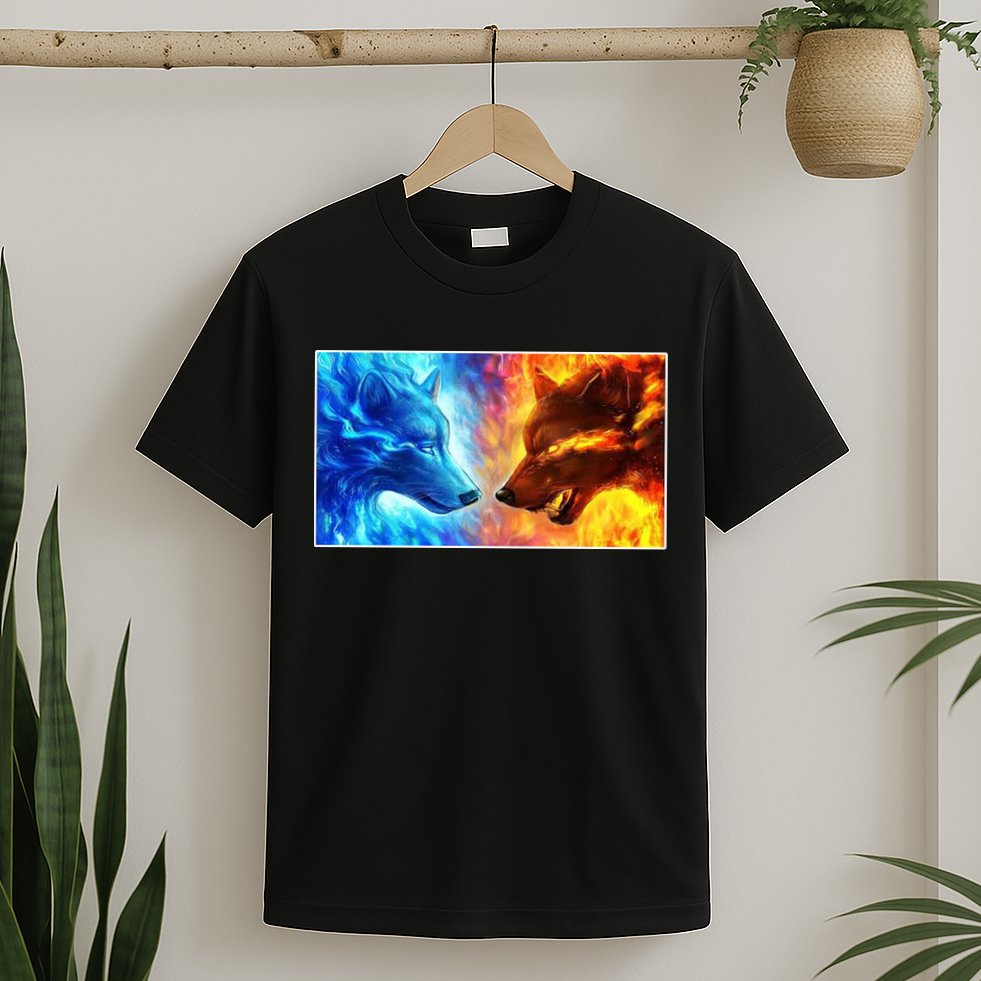 Fire And Ice Wolf Cool Graphic T-Shirt