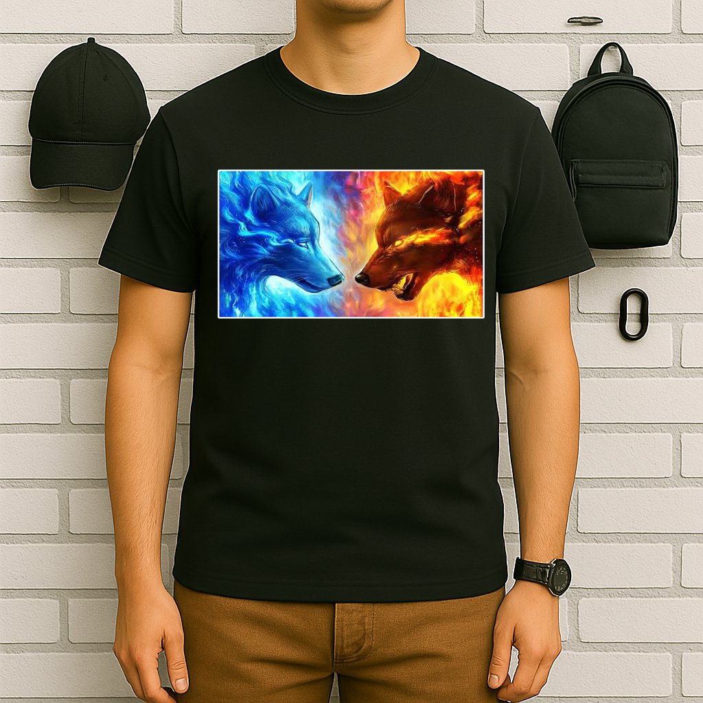 Fire And Ice Wolf Cool Graphic T-Shirt