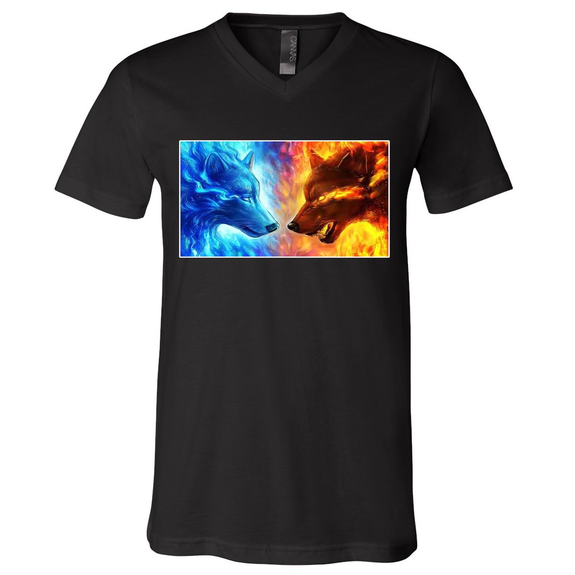 Fire And Ice Wolf Cool Graphic V-Neck T-Shirt