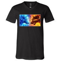 Fire And Ice Wolf Cool Graphic V-Neck T-Shirt