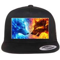 Fire And Ice Wolf Cool Graphic Flat Bill Trucker Hat