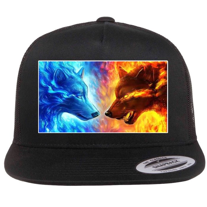 Fire And Ice Wolf Cool Graphic Flat Bill Trucker Hat