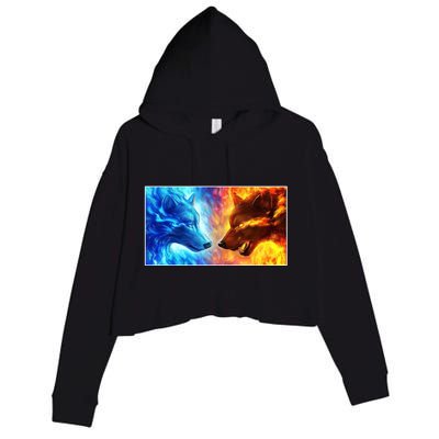 Fire And Ice Wolf Cool Graphic Crop Fleece Hoodie