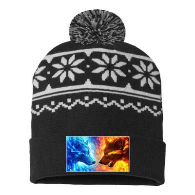 Fire And Ice Wolf Cool Graphic USA-Made Snowflake Beanie