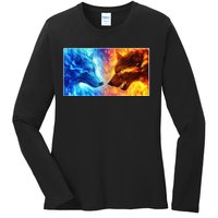 Fire And Ice Wolf Cool Graphic Ladies Long Sleeve Shirt