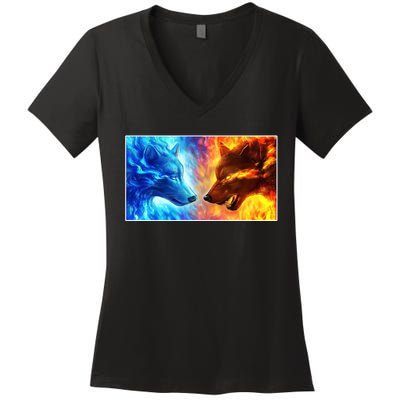 Fire And Ice Wolf Cool Graphic Women's V-Neck T-Shirt