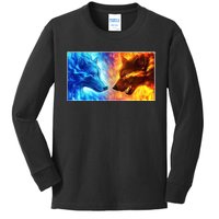 Fire And Ice Wolf Cool Graphic Kids Long Sleeve Shirt