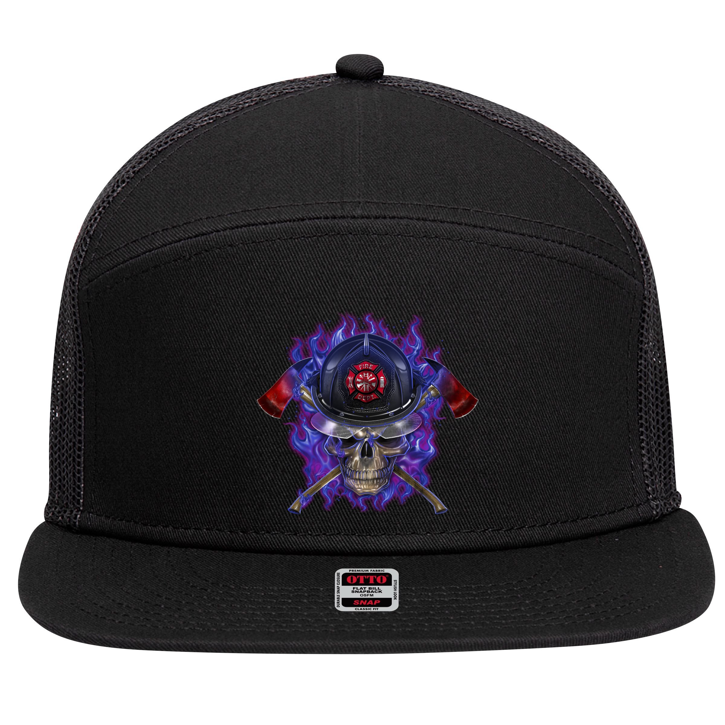 Fire Dept Flame Skull 7 Panel Mesh Trucker Snapback Hat
