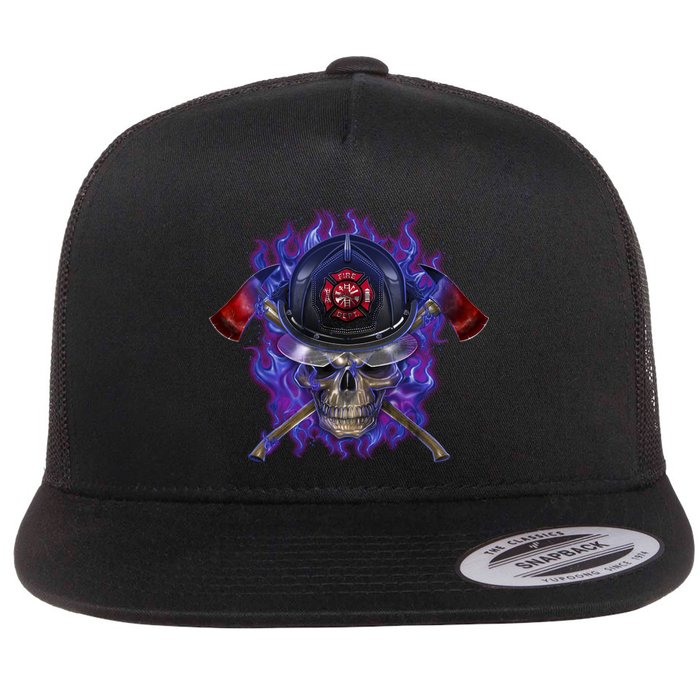 Fire Dept Flame Skull Flat Bill Trucker Hat
