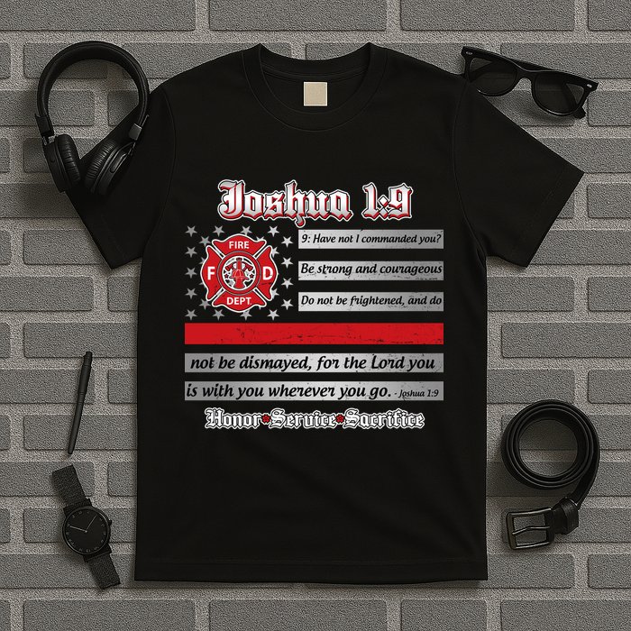 Fire Fighters Red Line Flag Joshua 1:9 T-Shirt