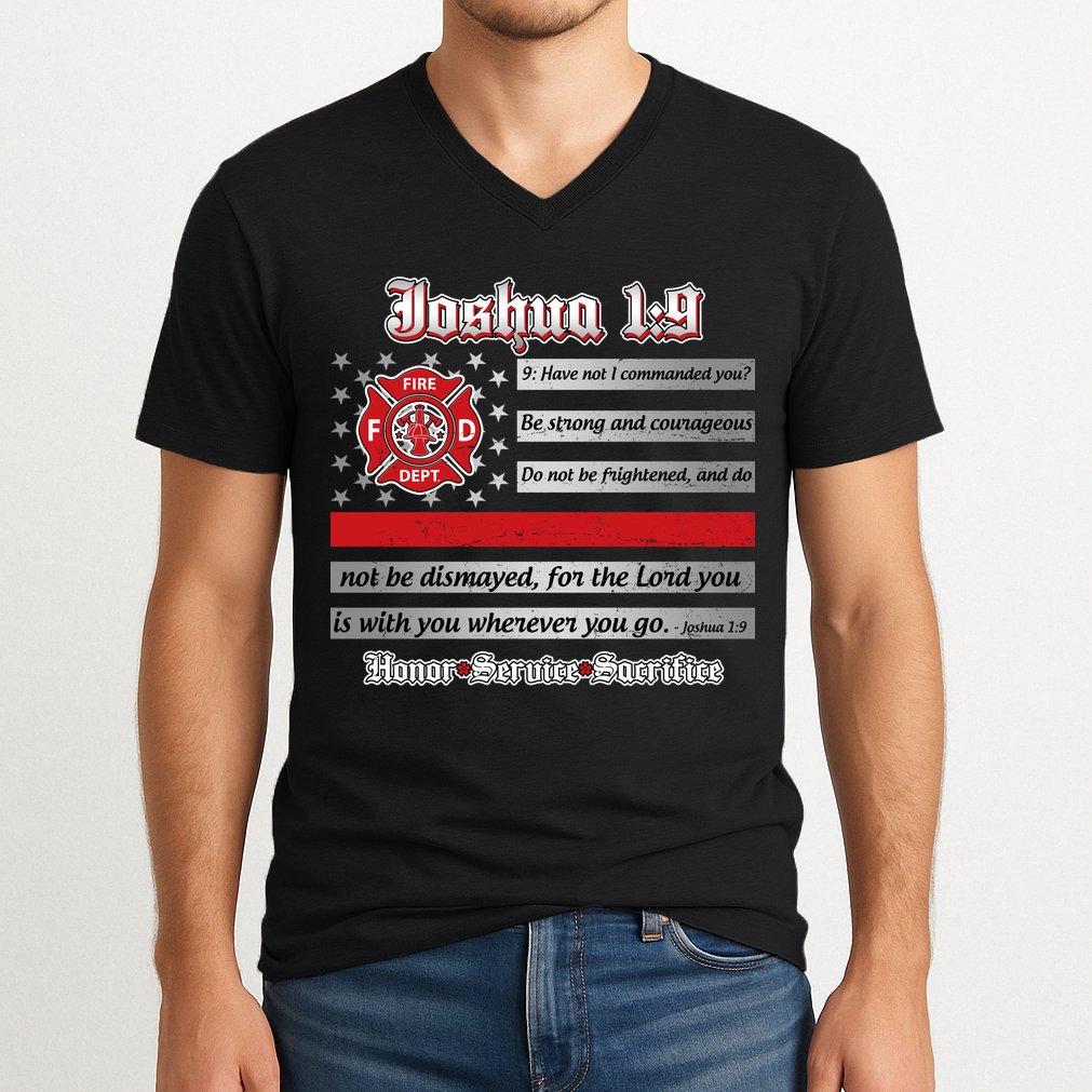 Fire Fighters Red Line Flag Joshua 1:9 V-Neck T-Shirt