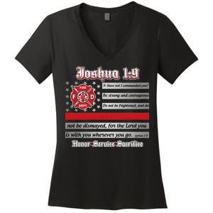 Fire Fighters Red Line Flag Joshua 1:9 Women's V-Neck T-Shirt