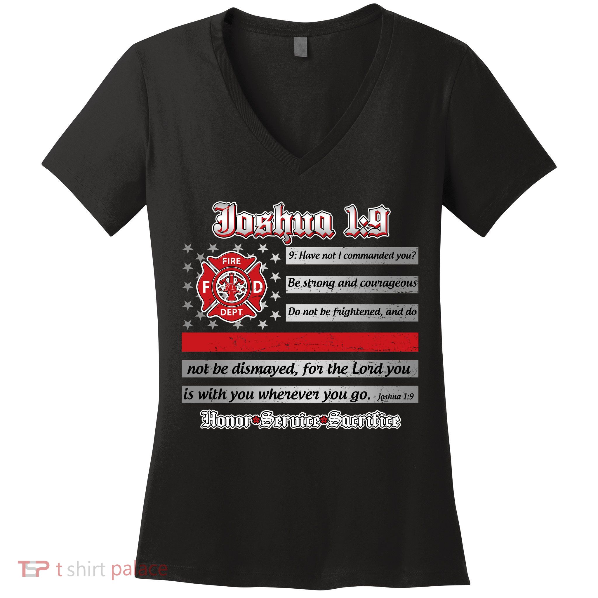 Fire Fighters Red Line Flag Joshua 1:9 Women's V-Neck T-Shirt