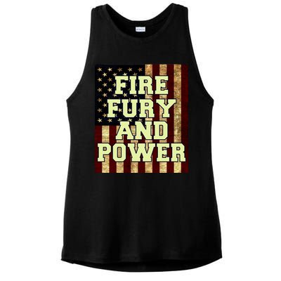 Fire Fury Power USA Flag Trump Quote Ladies PosiCharge Tri-Blend Wicking Tank