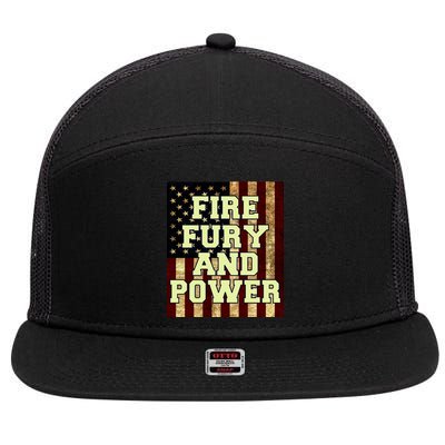 Fire Fury Power USA Flag Trump Quote 7 Panel Mesh Trucker Snapback Hat