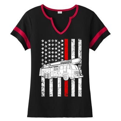 Fire Truck American Firefighter Thin Red Line Flag Ladies Halftime Notch Neck Tee