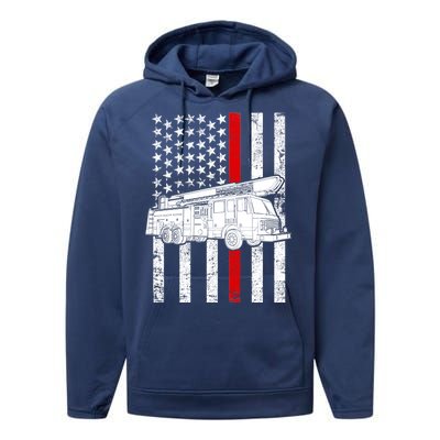 Fire Truck American Firefighter Thin Red Line Flag Performance Fleece Hoodie