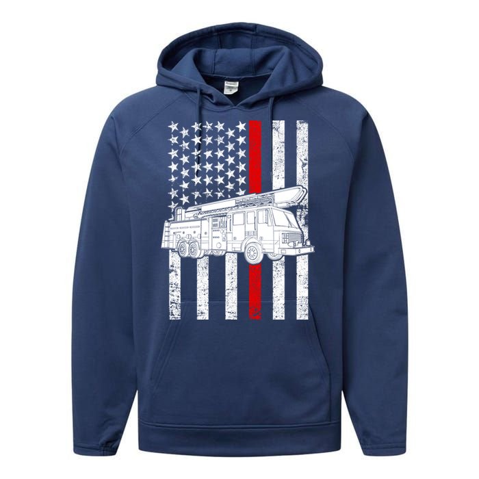 Fire Truck American Firefighter Thin Red Line Flag Performance Fleece Hoodie