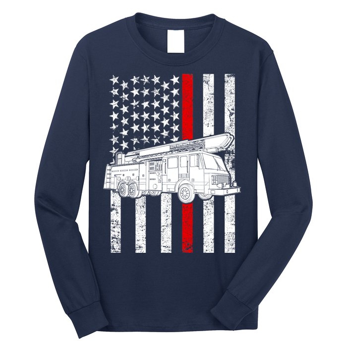 Fire Truck American Firefighter Thin Red Line Flag Long Sleeve Shirt