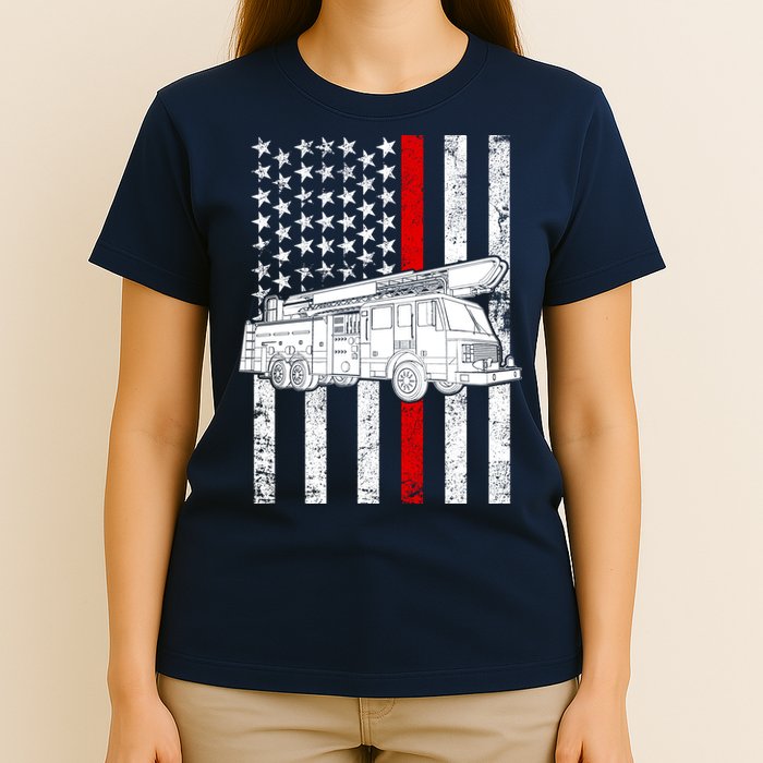 Fire Truck American Firefighter Thin Red Line Flag T-Shirt