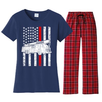 Fire Truck American Firefighter Thin Red Line Flag Women's Flannel Pajama Set