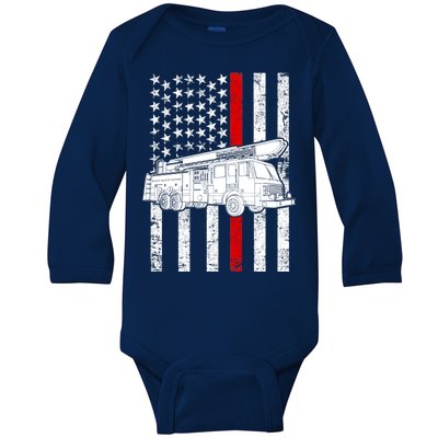 Fire Truck American Firefighter Thin Red Line Flag Baby Long Sleeve Bodysuit