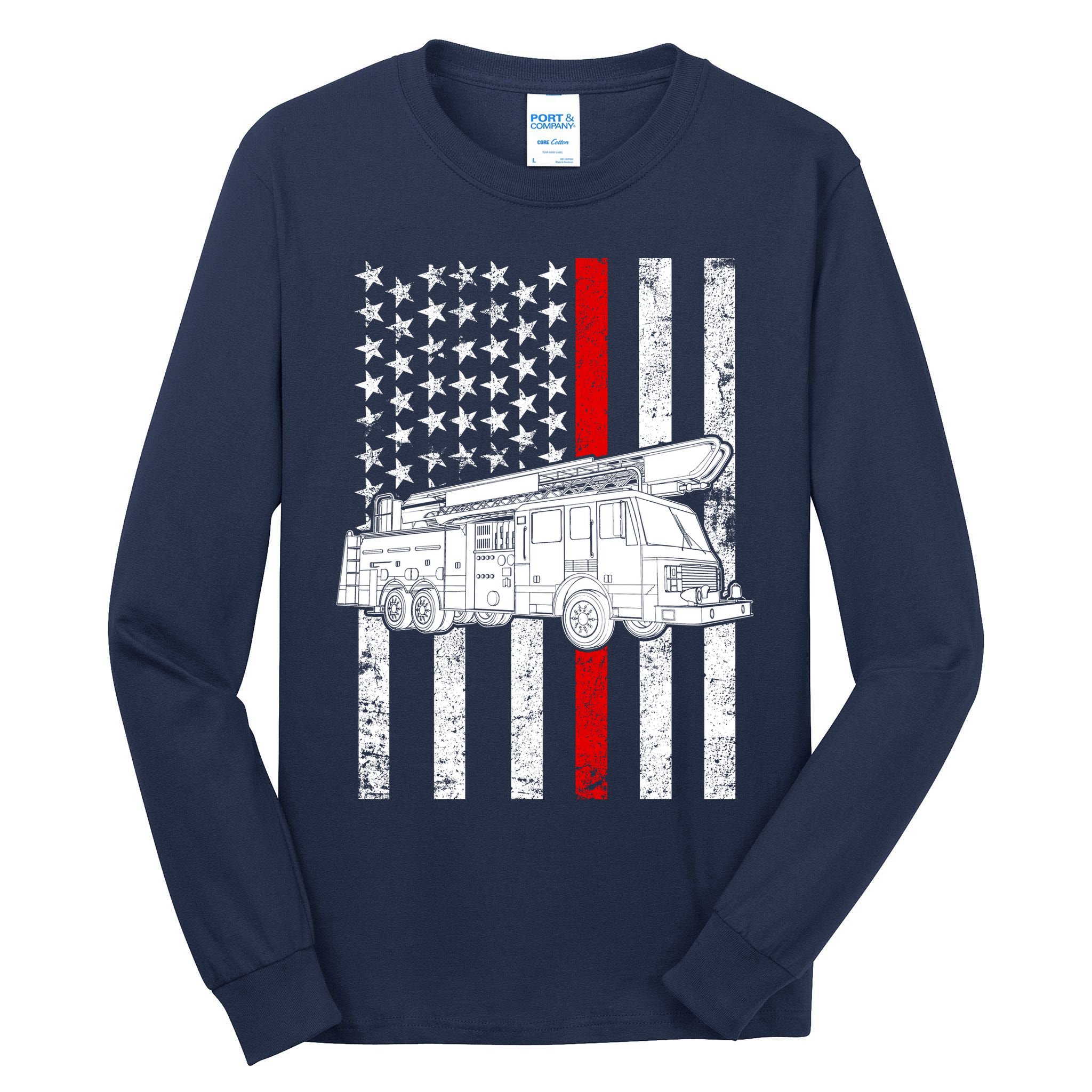 Fire Truck American Firefighter Thin Red Line Flag Tall Long Sleeve T-Shirt