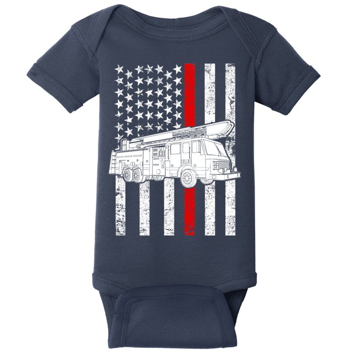 Fire Truck American Firefighter Thin Red Line Flag Baby Bodysuit