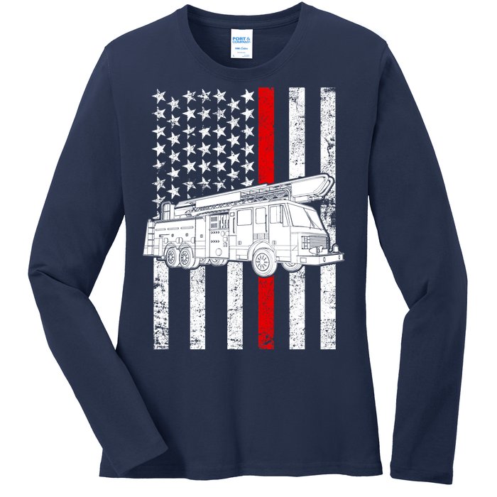 Fire Truck American Firefighter Thin Red Line Flag Ladies Long Sleeve Shirt