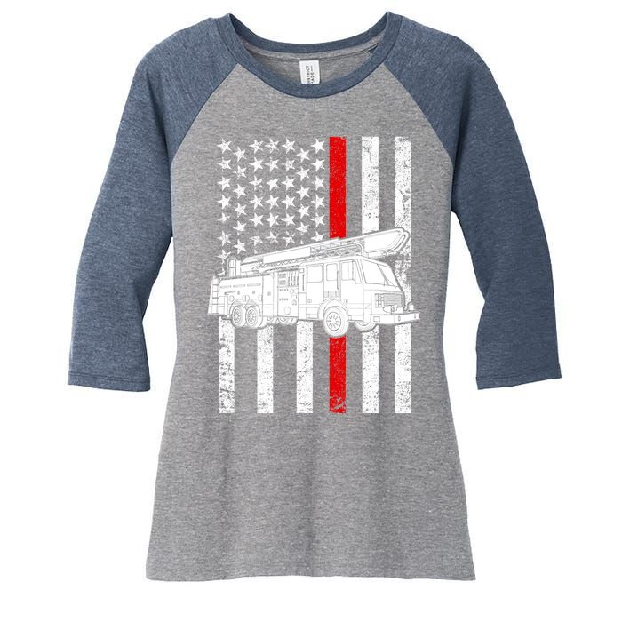 Fire Truck American Firefighter Thin Red Line Flag Women's Tri-Blend 3/4-Sleeve Raglan Shirt