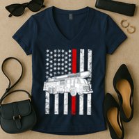 Fire Truck American Firefighter Thin Red Line Flag Women's V-Neck T-Shirt