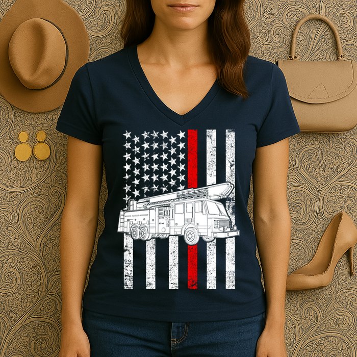 Fire Truck American Firefighter Thin Red Line Flag Women's V-Neck T-Shirt
